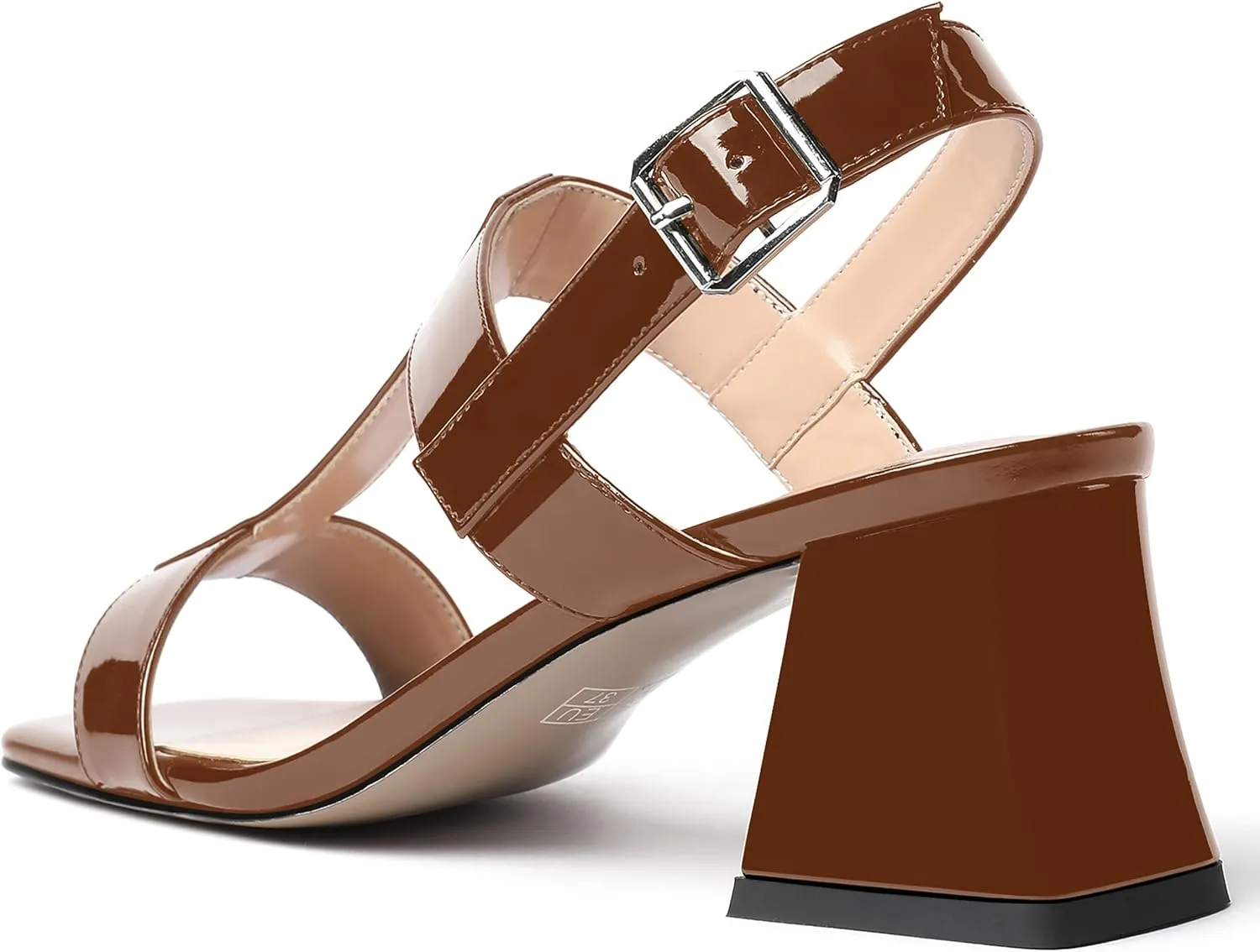 MODENCOCO Women's Strap Buckle Patent Slingback Dating Fashion Square Toe Chunky Low Heel Heeled Sandals 2 Inch