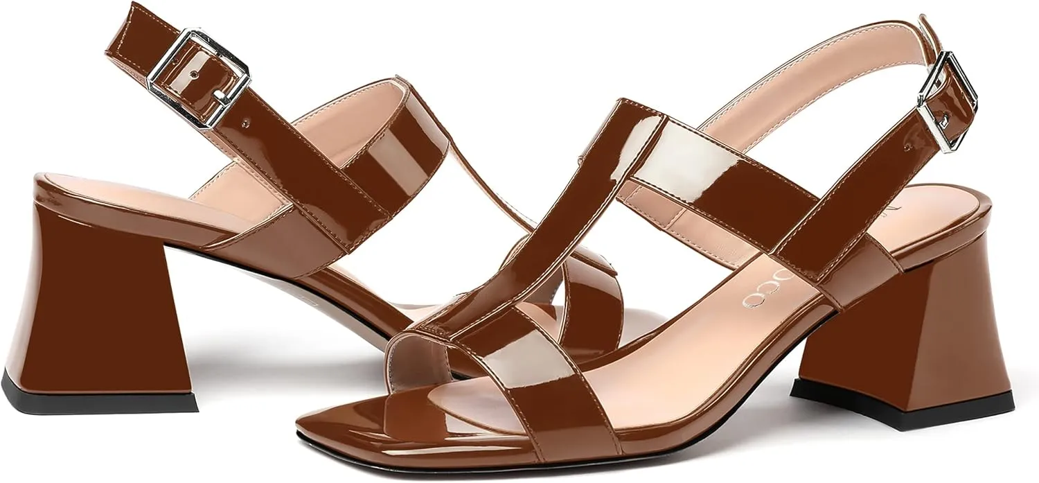 MODENCOCO Women's Strap Buckle Patent Slingback Dating Fashion Square Toe Chunky Low Heel Heeled Sandals 2 Inch