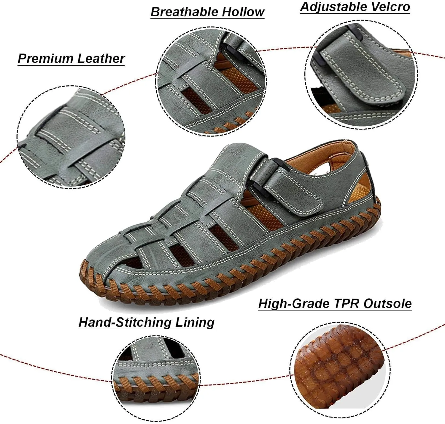 Moodeng Mens Sport Sandals Closed Toe Outdoor Fisherman Shoes Leather Summer Beach Loafters Breathable Anti-Slip