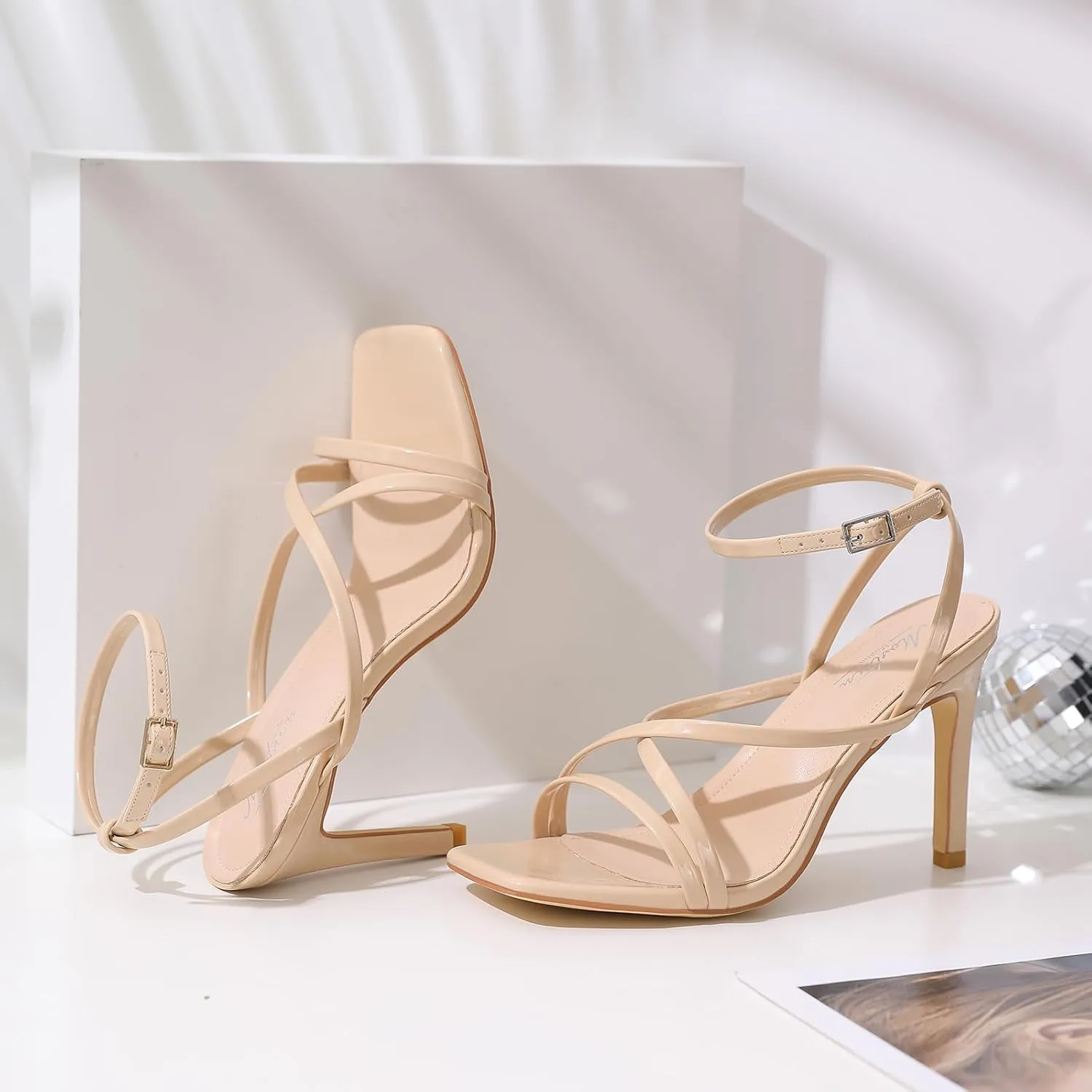 Mostrin Strappy Heels for Women Square Open Toe Lace Up Heeled Sandals Ankle Strap Sexy Stiletto High Heels for Party, Prom, Dating, Wedding