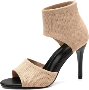 Mousse Fit Women Retro Peep Toe Elegant Stiletto Low Heeled Sandals Breathable Mesh Knit Elastic Design Upper Comfortable Shoes