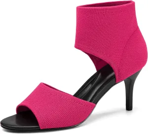 Mousse Fit Women Retro Peep Toe Elegant Stiletto Low Heeled Sandals Breathable Mesh Knit Elastic Design Upper Comfortable Shoes