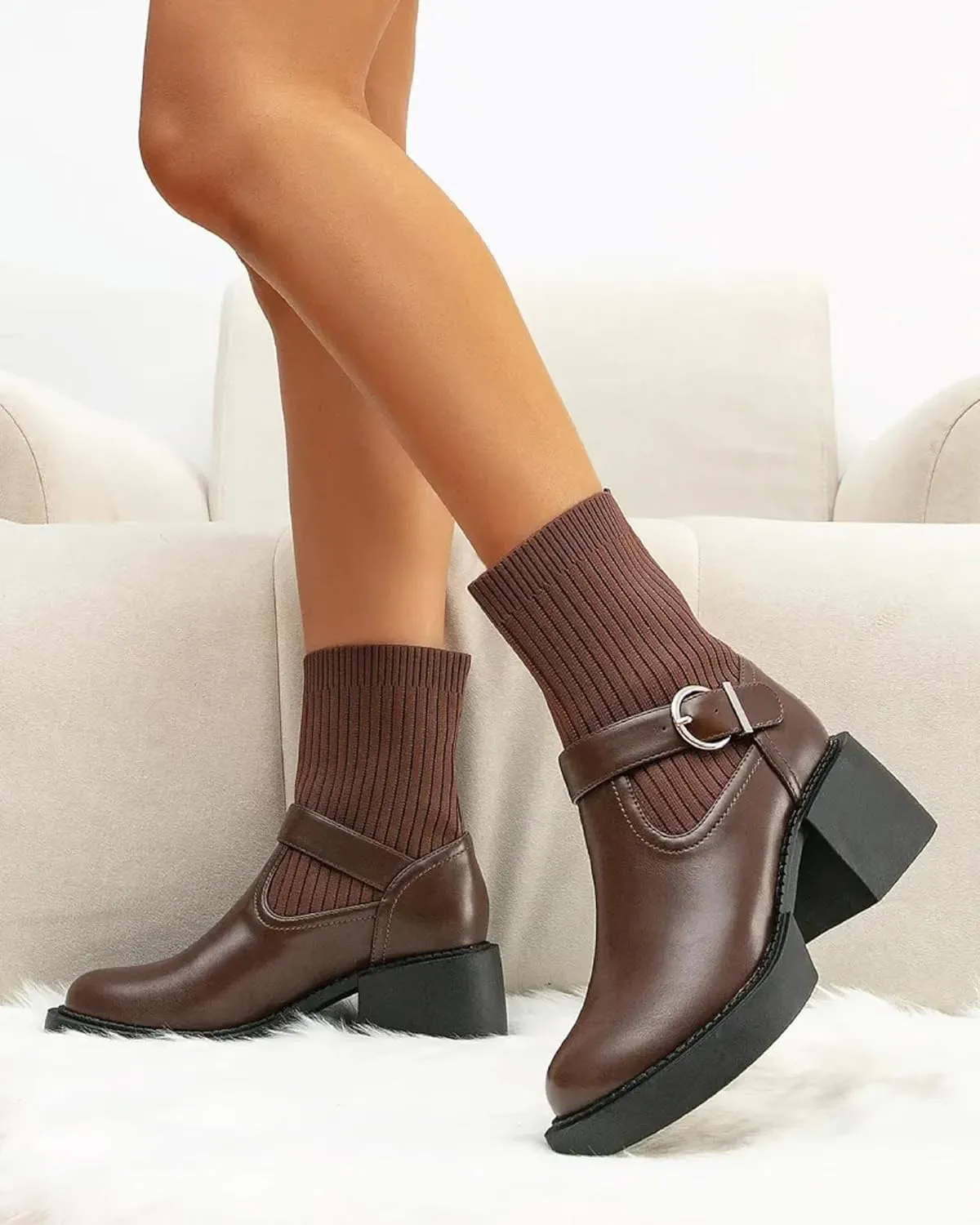Mousse Fit Women's Two Tone Strap Ankle Boots - Casual Comfortable Booties with Arch Support, Non-Slip Sole