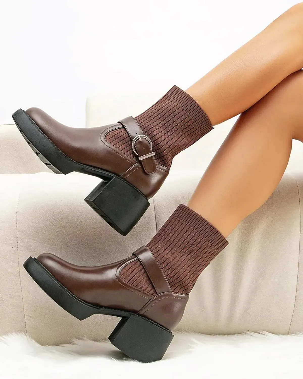 Mousse Fit Women's Two Tone Strap Ankle Boots - Casual Comfortable Booties with Arch Support, Non-Slip Sole