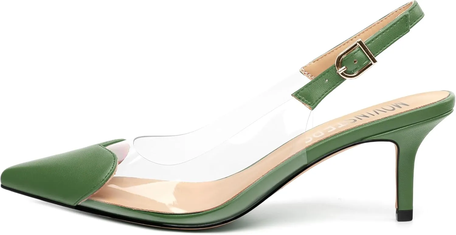 MOVINSTEPS Low kitten Heels for Women Clear Slingback Pointed Closed Toe Heeled Sandals Cute Elegant Sexy Dress Shoes 2.4 Inch