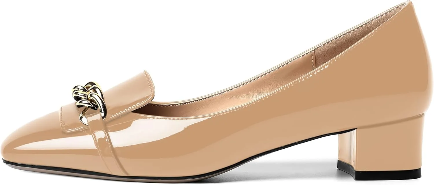 MOVINSTEPS Womens Square Toe Patent Metal Chain Office Slip On Loafers Dress Chunky Low Heel Pumps Shoes 1.5 Inch
