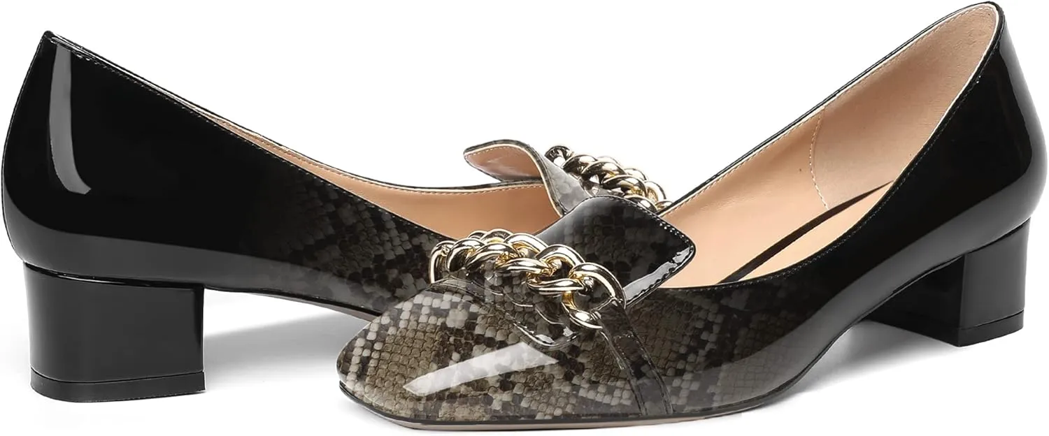 MOVINSTEPS Womens Square Toe Patent Metal Chain Office Slip On Loafers Dress Chunky Low Heel Pumps Shoes 1.5 Inch