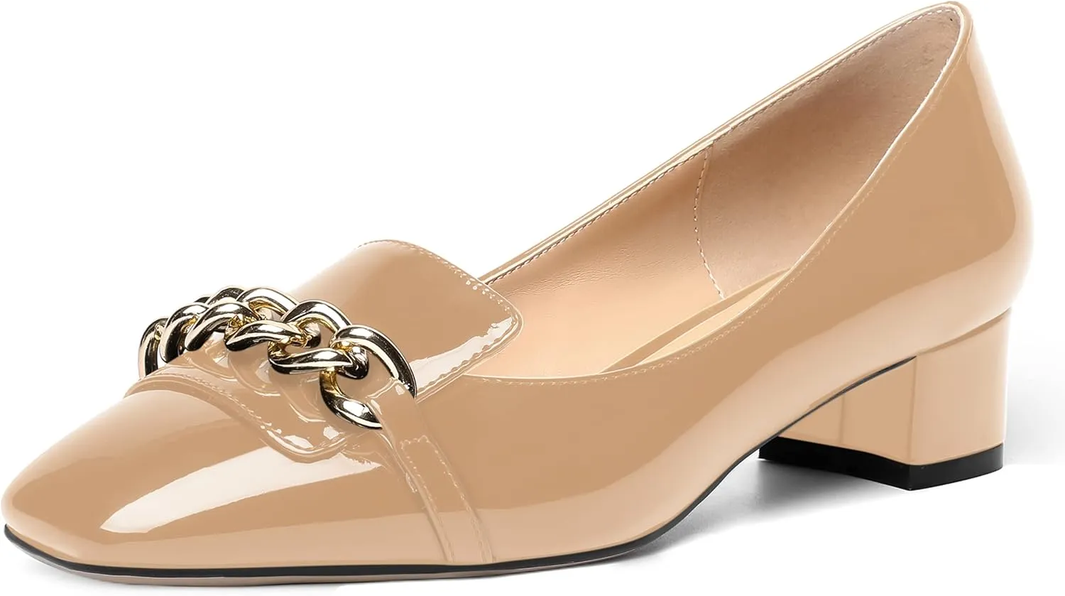 MOVINSTEPS Womens Square Toe Patent Metal Chain Office Slip On Loafers Dress Chunky Low Heel Pumps Shoes 1.5 Inch