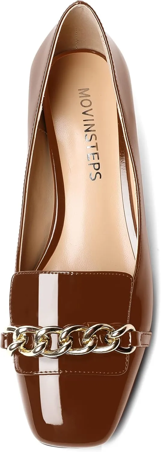 MOVINSTEPS Womens Square Toe Patent Metal Chain Office Slip On Loafers Dress Chunky Low Heel Pumps Shoes 1.5 Inch