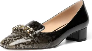 MOVINSTEPS Womens Square Toe Patent Metal Chain Office Slip On Loafers Dress Chunky Low Heel Pumps Shoes 1.5 Inch
