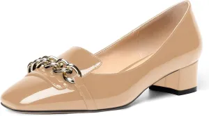 MOVINSTEPS Womens Square Toe Patent Metal Chain Office Slip On Loafers Dress Chunky Low Heel Pumps Shoes 1.5 Inch