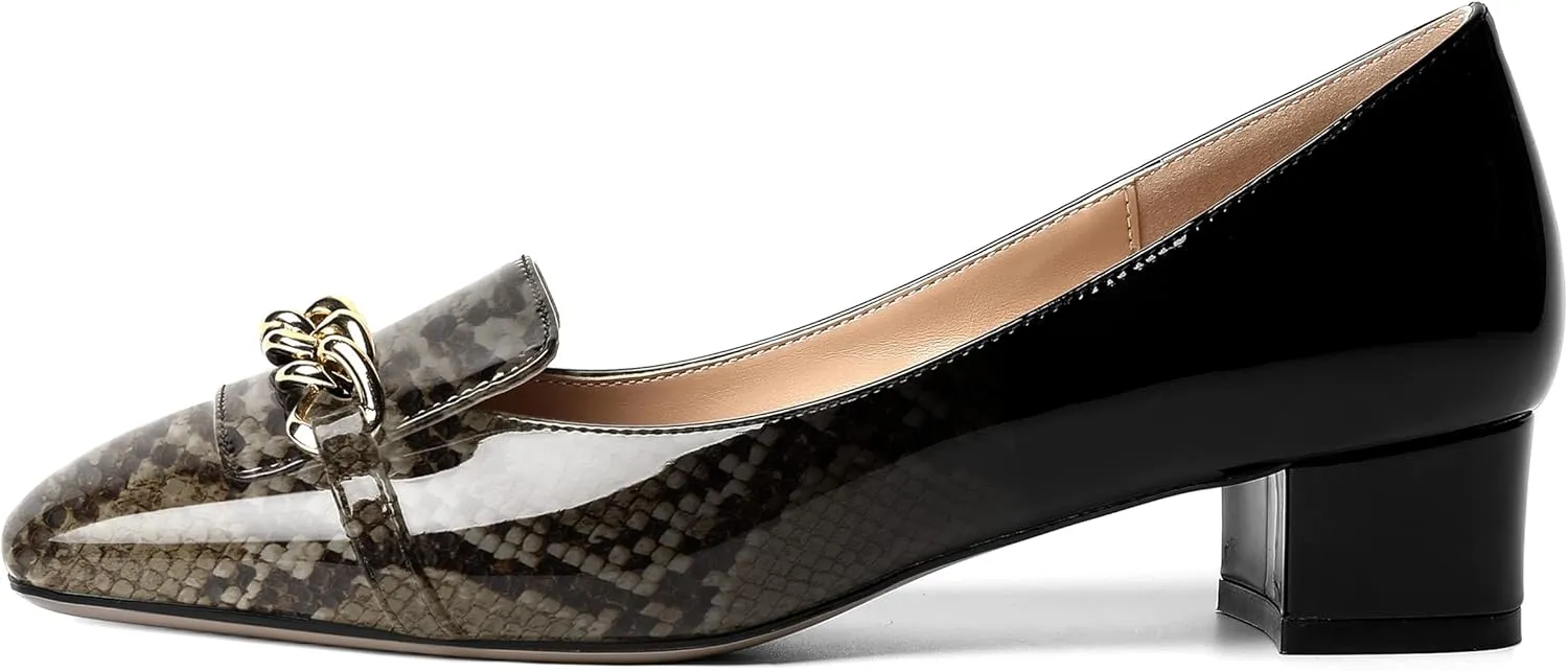 MOVINSTEPS Womens Square Toe Patent Metal Chain Office Slip On Loafers Dress Chunky Low Heel Pumps Shoes 1.5 Inch