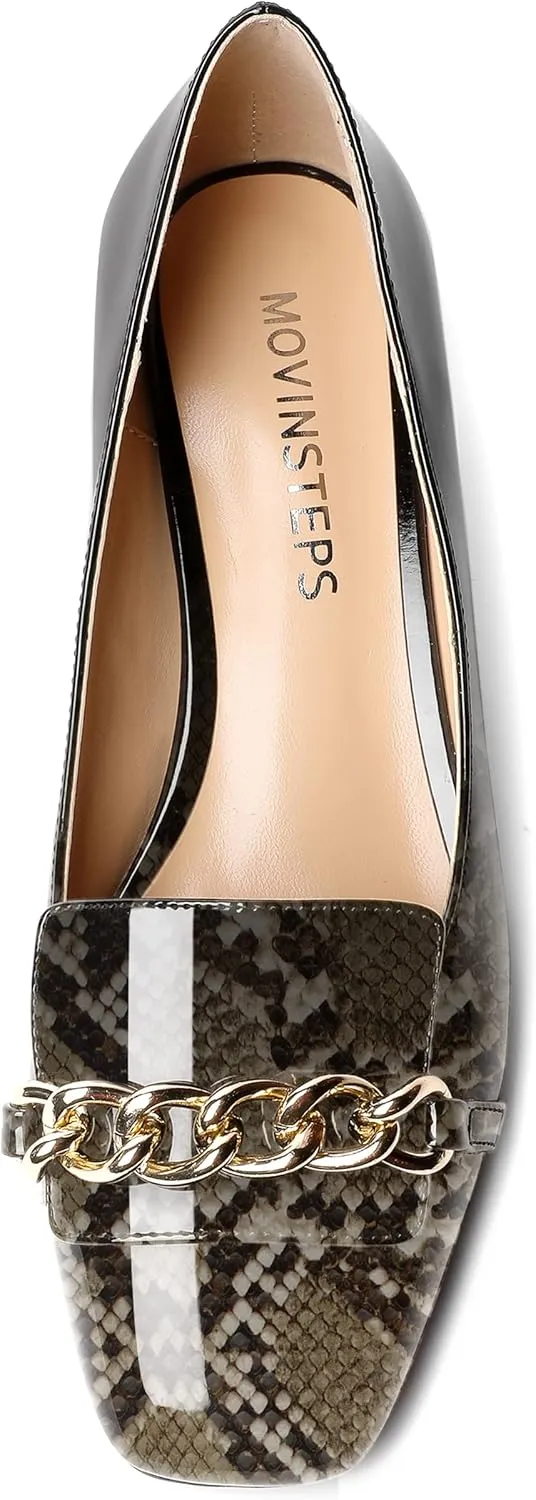 MOVINSTEPS Womens Square Toe Patent Metal Chain Office Slip On Loafers Dress Chunky Low Heel Pumps Shoes 1.5 Inch