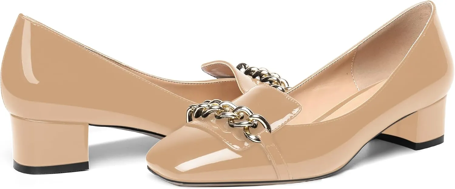 MOVINSTEPS Womens Square Toe Patent Metal Chain Office Slip On Loafers Dress Chunky Low Heel Pumps Shoes 1.5 Inch
