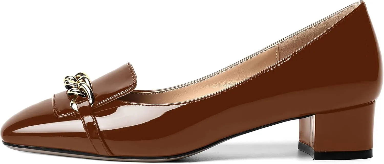 MOVINSTEPS Womens Square Toe Patent Metal Chain Office Slip On Loafers Dress Chunky Low Heel Pumps Shoes 1.5 Inch