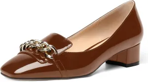 MOVINSTEPS Womens Square Toe Patent Metal Chain Office Slip On Loafers Dress Chunky Low Heel Pumps Shoes 1.5 Inch
