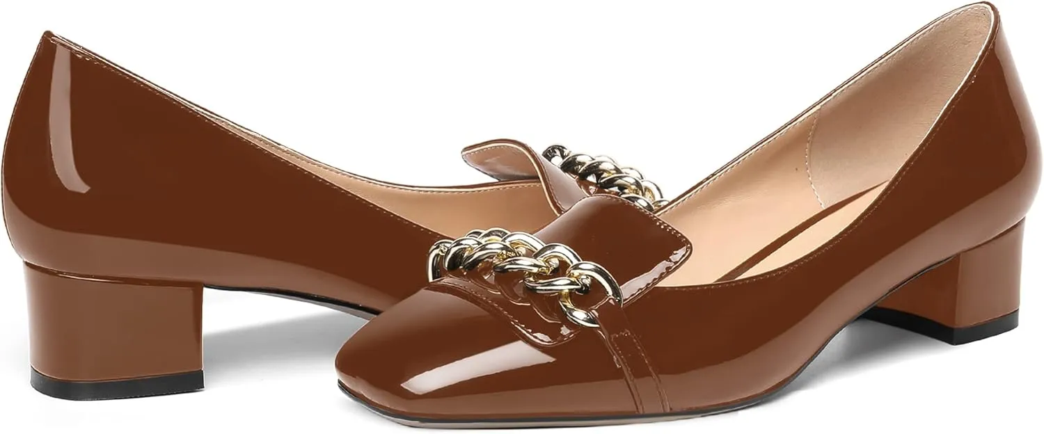 MOVINSTEPS Womens Square Toe Patent Metal Chain Office Slip On Loafers Dress Chunky Low Heel Pumps Shoes 1.5 Inch