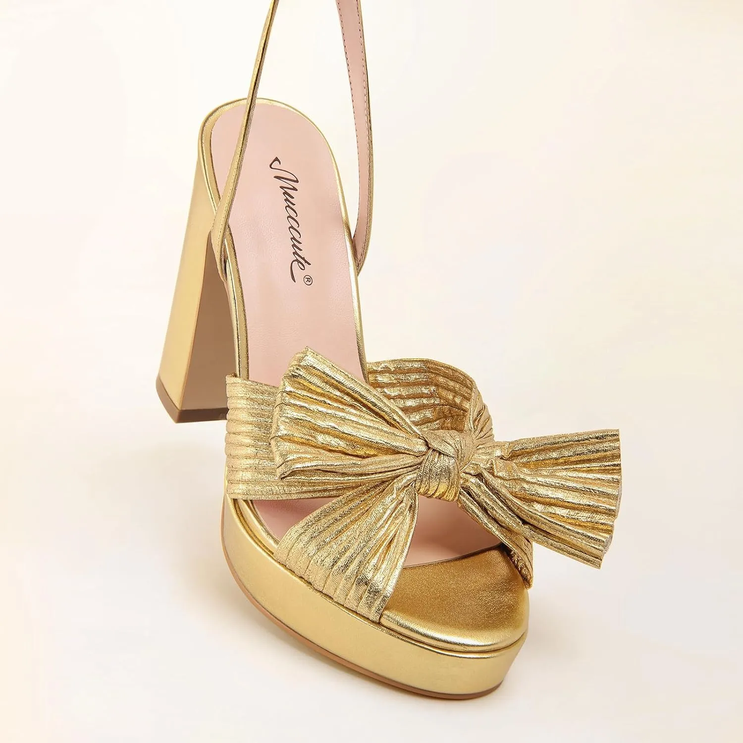 MUCCCUTE Bow Heels for Women Chunky Platform Heels with Ankle Strap Open Toe Heeled Sandals Bridal Wedding Dressy Shoes