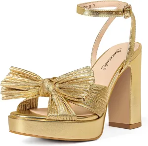 MUCCCUTE Bow Heels for Women Chunky Platform Heels with Ankle Strap Open Toe Heeled Sandals Bridal Wedding Dressy Shoes