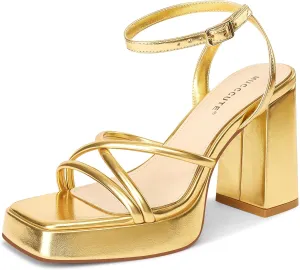 MUCCCUTE Platform Heels for Women Strappy Chunky Heeled Sandals Square Open Toe Ankle Strap Comfortable Wedding Party Evening Prom Dress Shoes