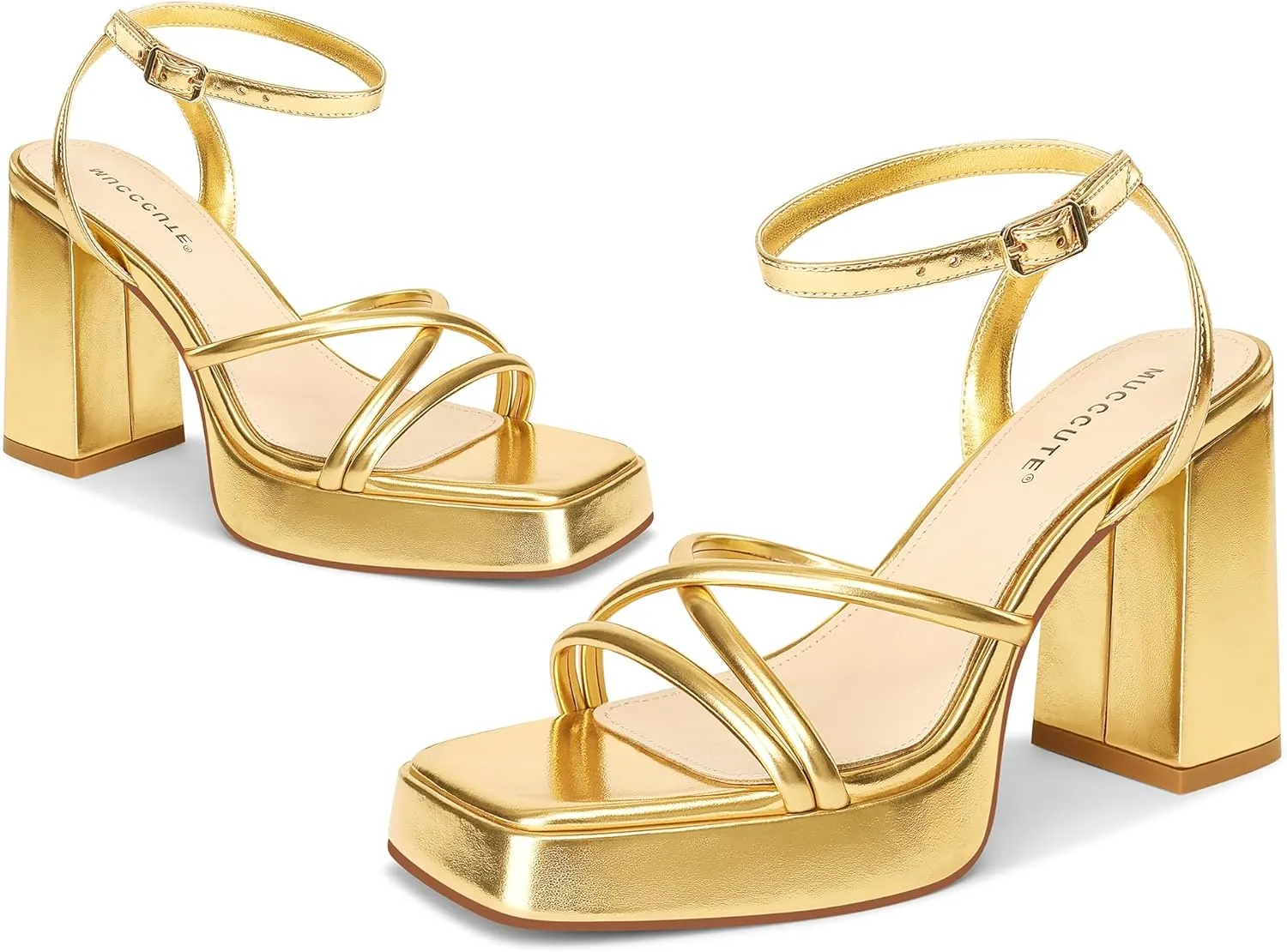 MUCCCUTE Platform Heels for Women Strappy Chunky Heeled Sandals Square Open Toe Ankle Strap Comfortable Wedding Party Evening Prom Dress Shoes