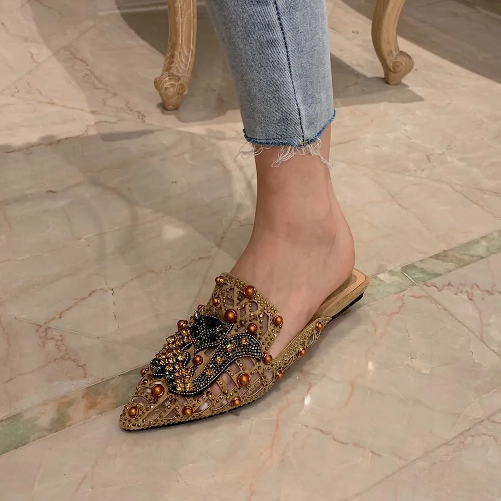 Mules for Woman Pointed Toe Fox Crystal Mules Backless Business Casual Shoes Flat Slip On Comfort