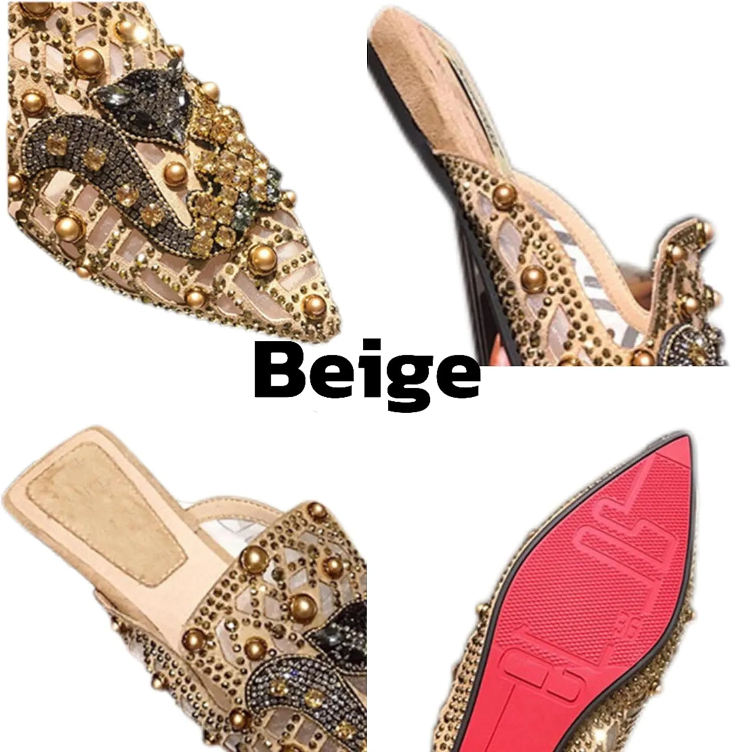 Mules for Woman Pointed Toe Fox Crystal Mules Backless Business Casual Shoes Flat Slip On Comfort