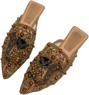 Mules for Woman Pointed Toe Fox Crystal Mules Backless Business Casual Shoes Flat Slip On Comfort