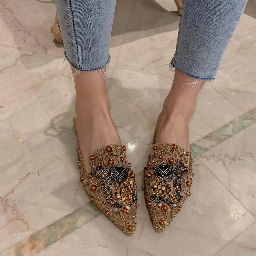 Mules for Woman Pointed Toe Fox Crystal Mules Backless Business Casual Shoes Flat Slip On Comfort