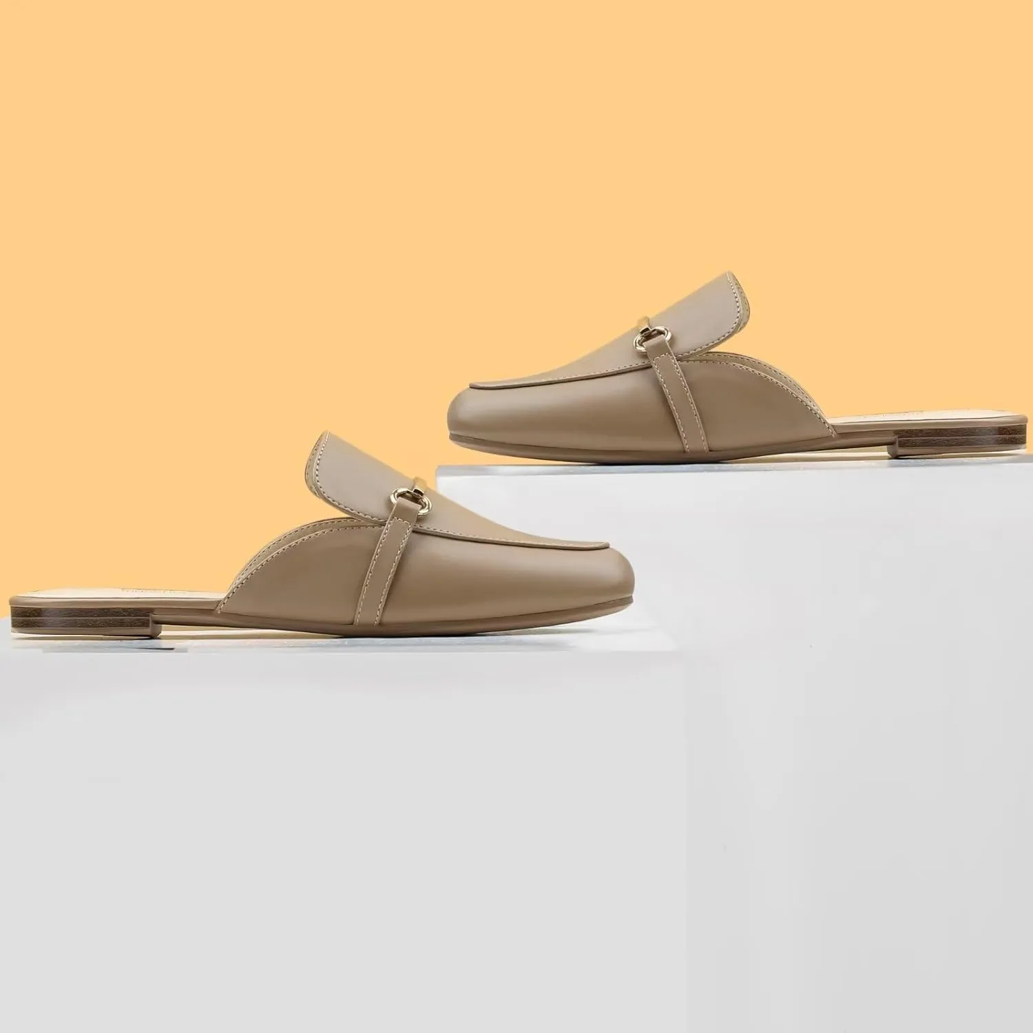 MUSSHOE Mules for Woman Buckle Flats Comfortable Slip on Women Mules Flats Shoes Backless Loafers