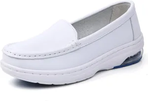 Myallfeet Ladies Air Cushion Slip On Nurse Shoes-Casual Leather Comfort Air Cushion Low Heel Loafers Lightweight Non-Slip Moccasin Walking Shoes (White,6)