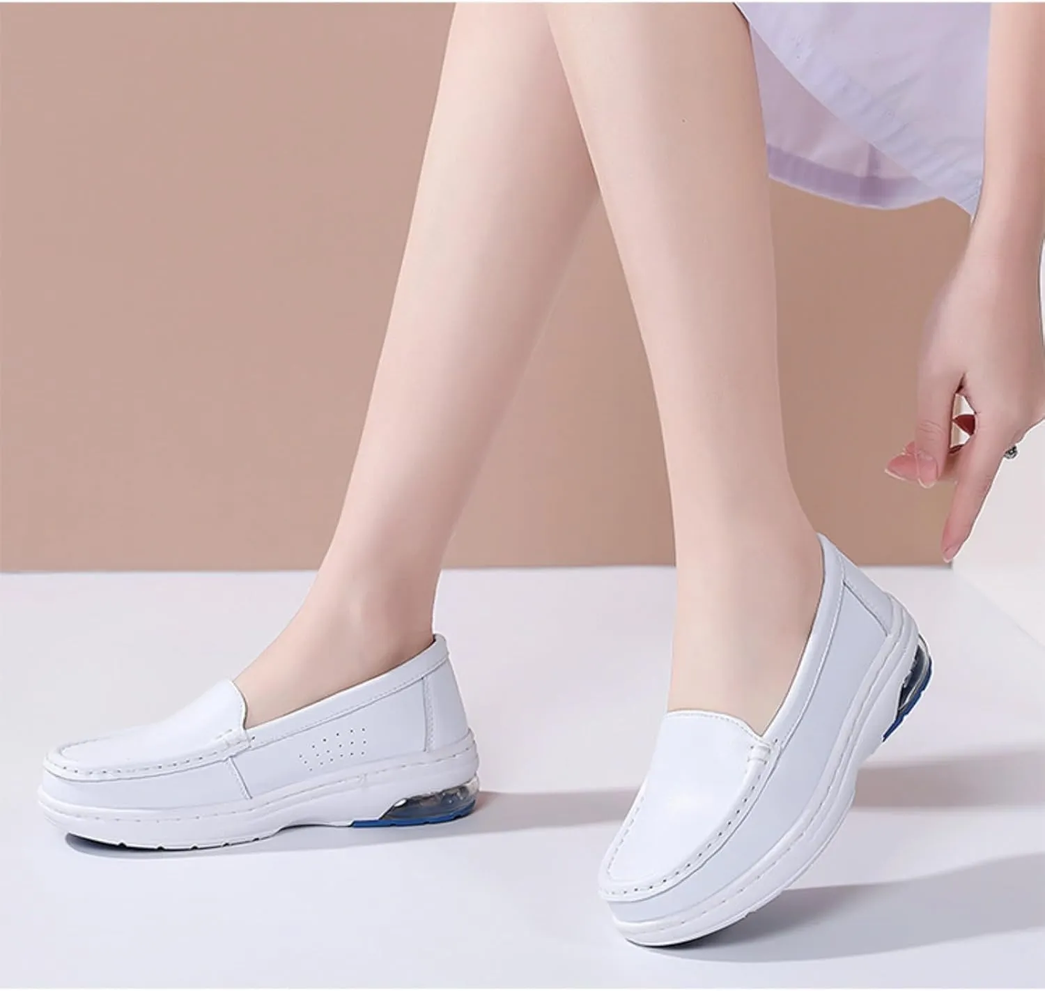 Myallfeet Ladies Air Cushion Slip On Nurse Shoes-Casual Leather Comfort Air Cushion Low Heel Loafers Lightweight Non-Slip Moccasin Walking Shoes (White,6)