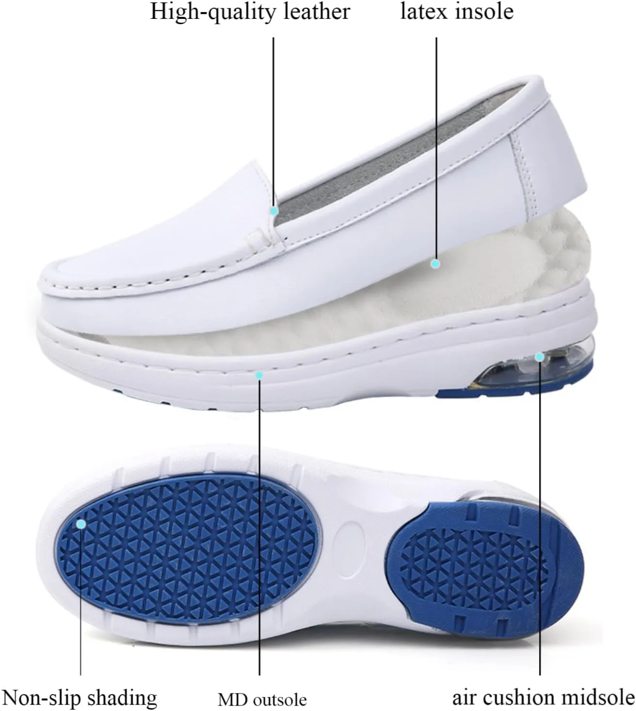 Myallfeet Ladies Air Cushion Slip On Nurse Shoes-Casual Leather Comfort Air Cushion Low Heel Loafers Lightweight Non-Slip Moccasin Walking Shoes (White,6)