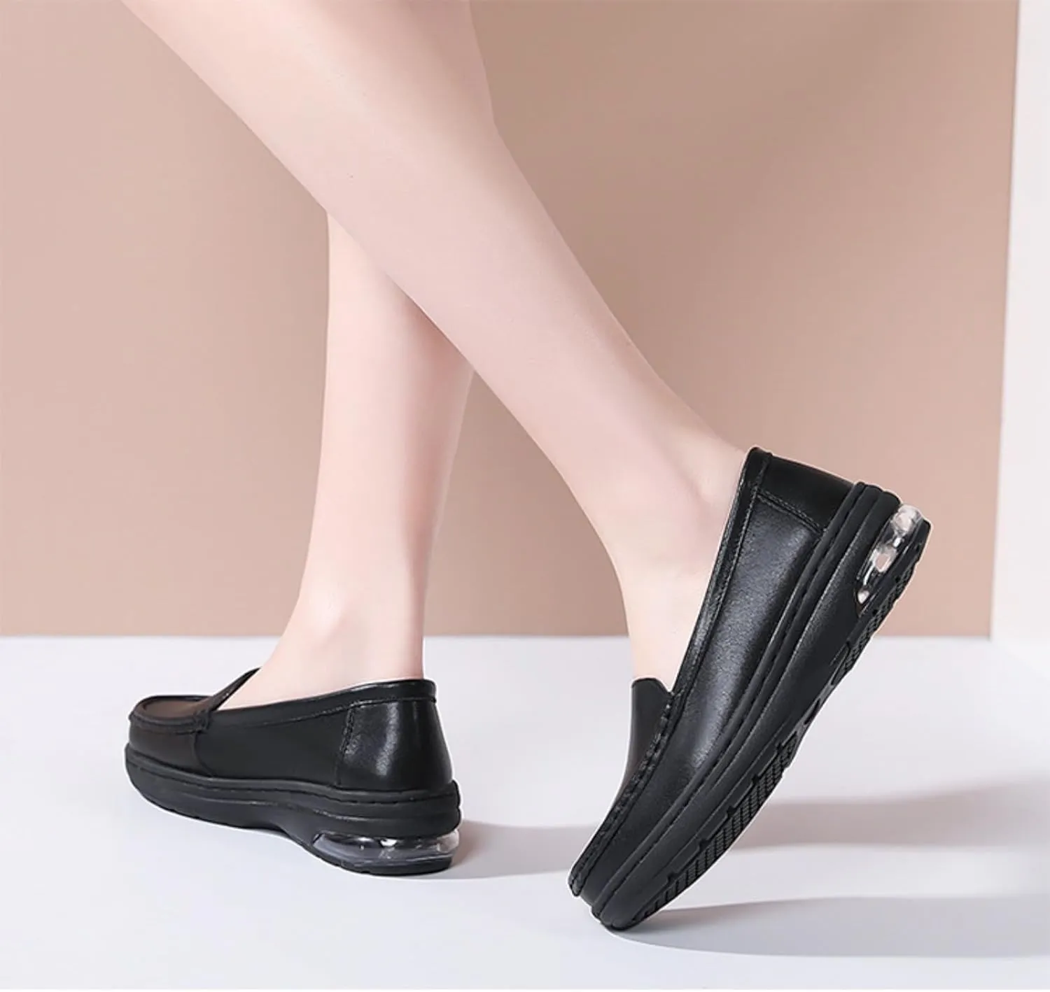 Myallfeet Ladies Air Cushion Slip On Nurse Shoes-Casual Leather Comfort Air Cushion Low Heel Loafers Lightweight Non-Slip Moccasin Walking Shoes (White,6)