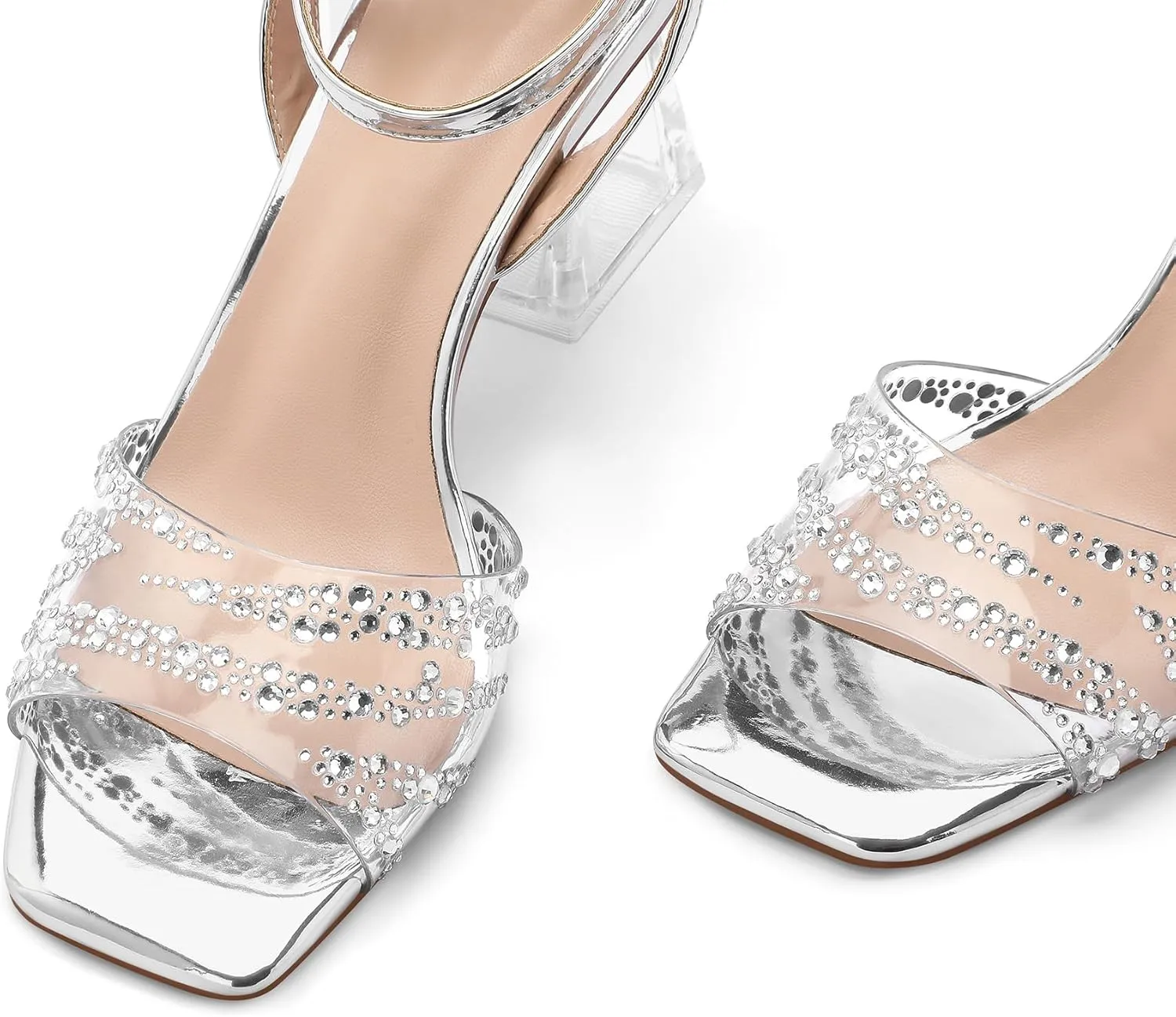 mysoft Women's Clear Heels Low Chunky Heel Open Toe Transparent Zebra Rhinestones Block Heeled Sandals Ankle Strap Shoes