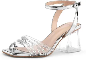 mysoft Women's Clear Heels Low Chunky Heel Open Toe Transparent Zebra Rhinestones Block Heeled Sandals Ankle Strap Shoes
