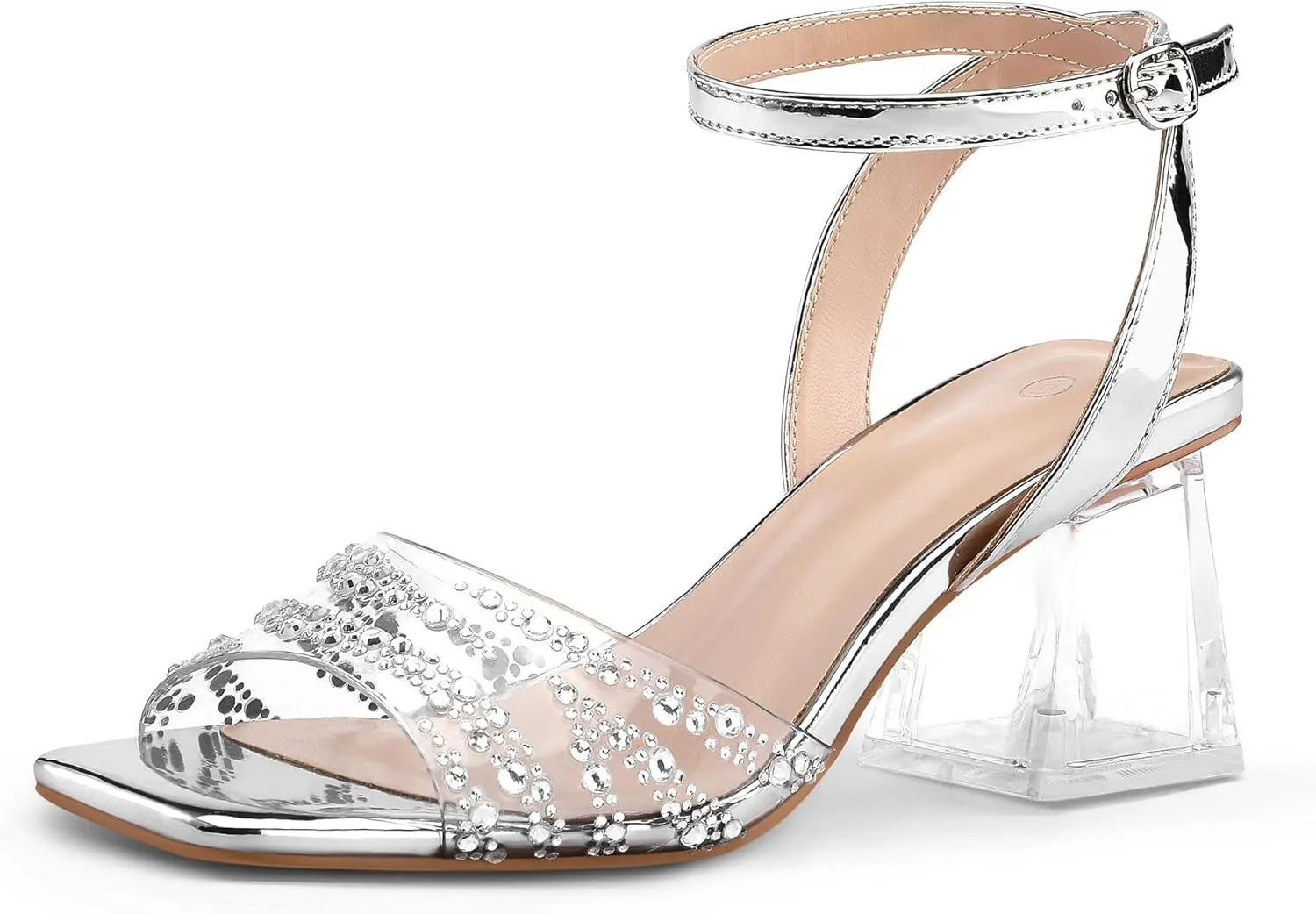 mysoft Women's Clear Heels Low Chunky Heel Open Toe Transparent Zebra Rhinestones Block Heeled Sandals Ankle Strap Shoes