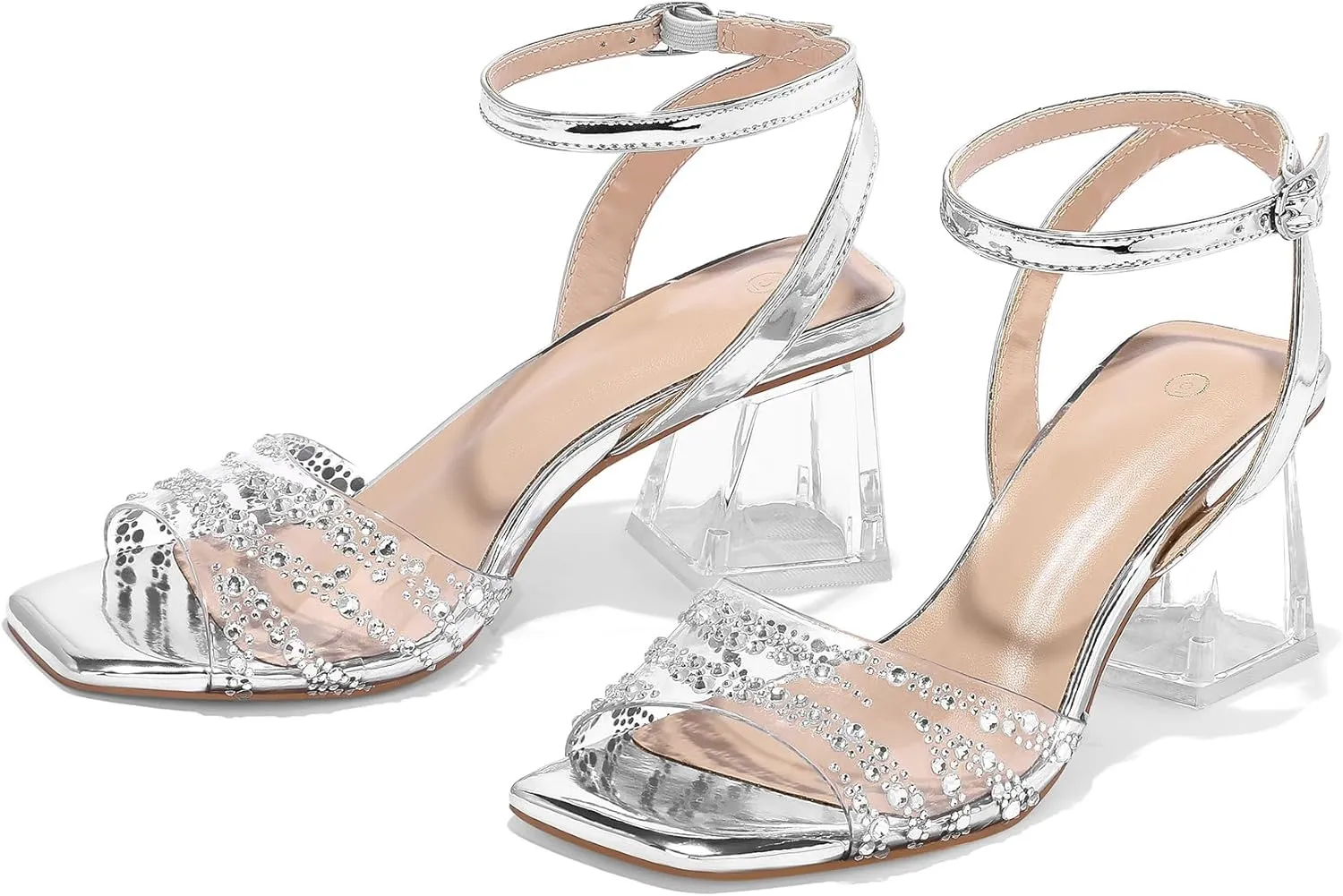 mysoft Women's Clear Heels Low Chunky Heel Open Toe Transparent Zebra Rhinestones Block Heeled Sandals Ankle Strap Shoes