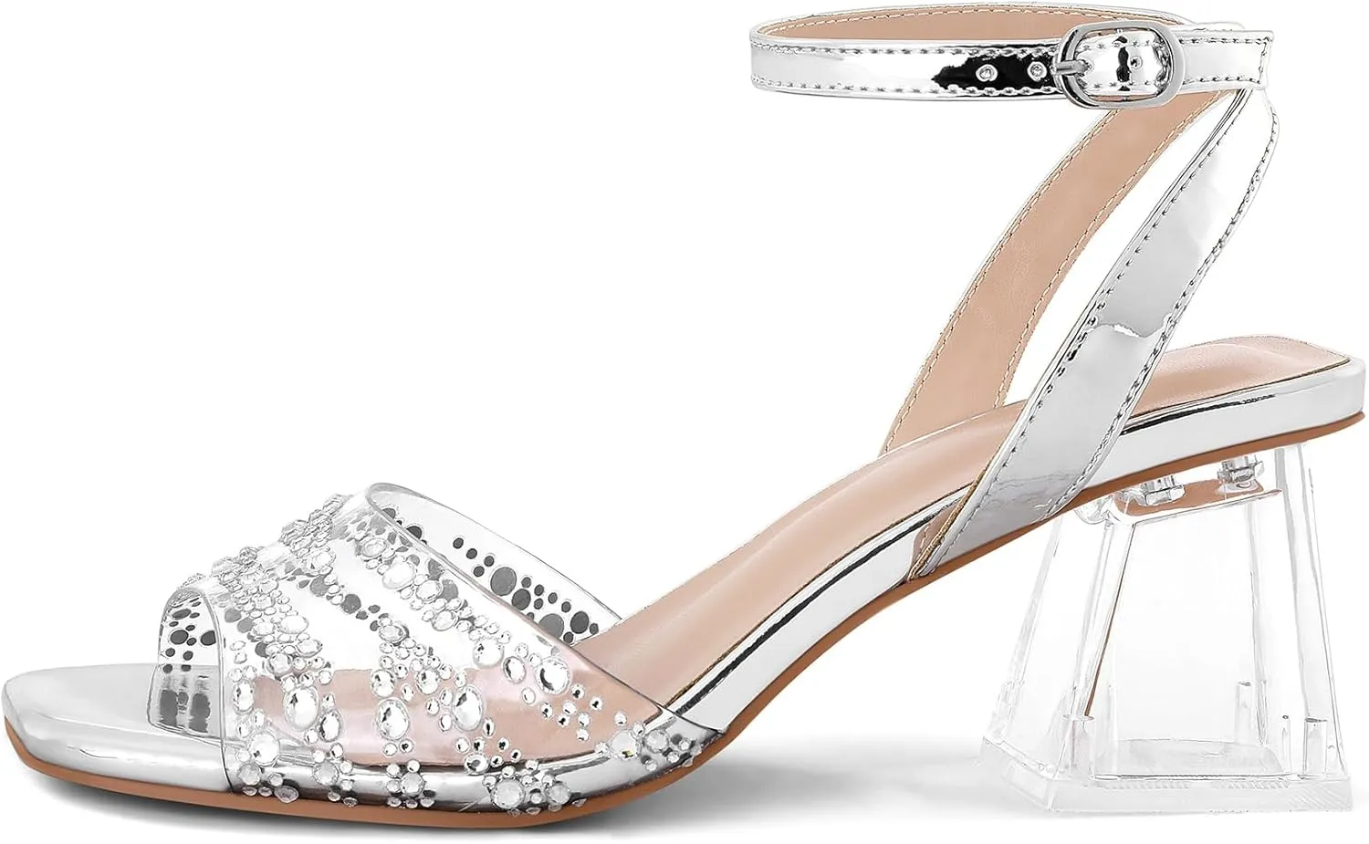 mysoft Women's Clear Heels Low Chunky Heel Open Toe Transparent Zebra Rhinestones Block Heeled Sandals Ankle Strap Shoes