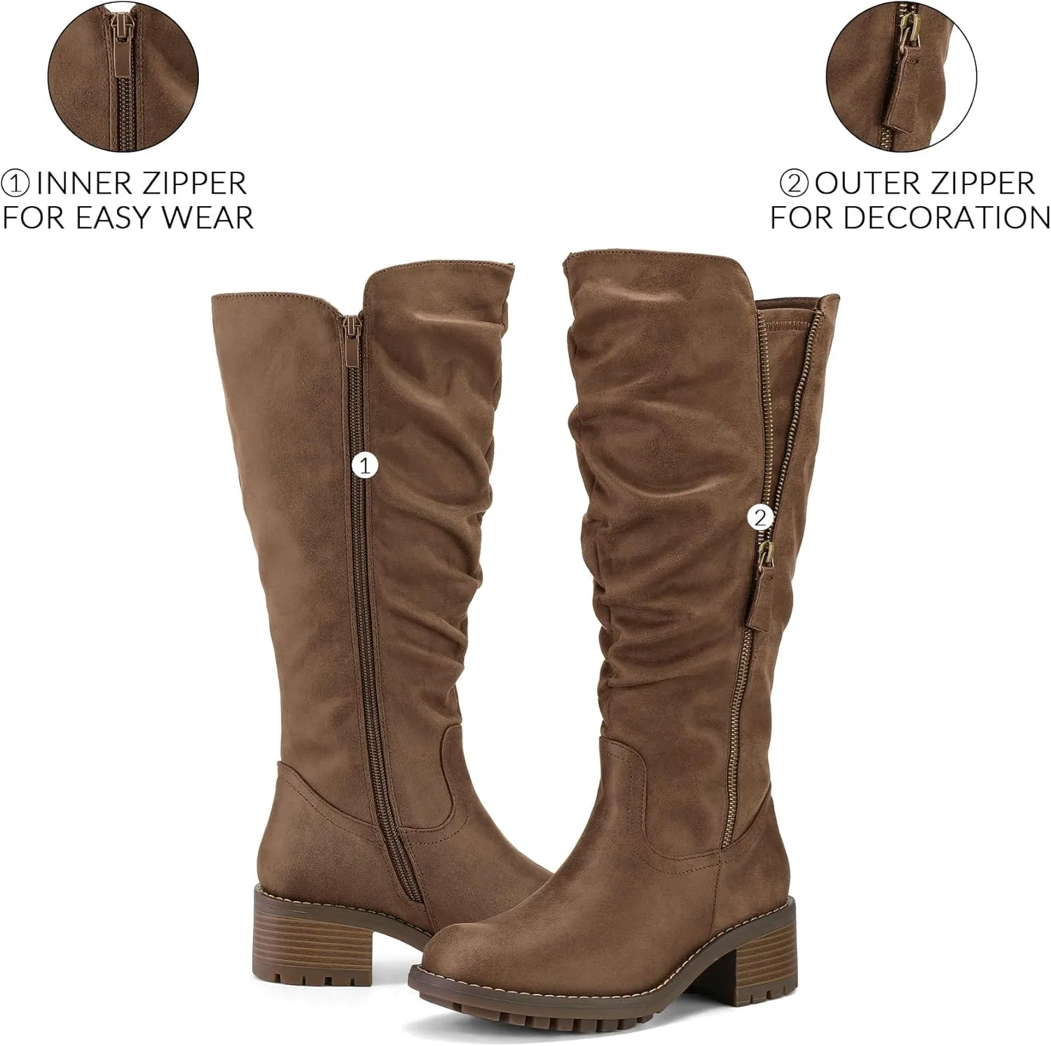 mysoft Women's Knee High Boots Side Zipper Lug Sole 2 Inch Stacked Chunky Heel Boots