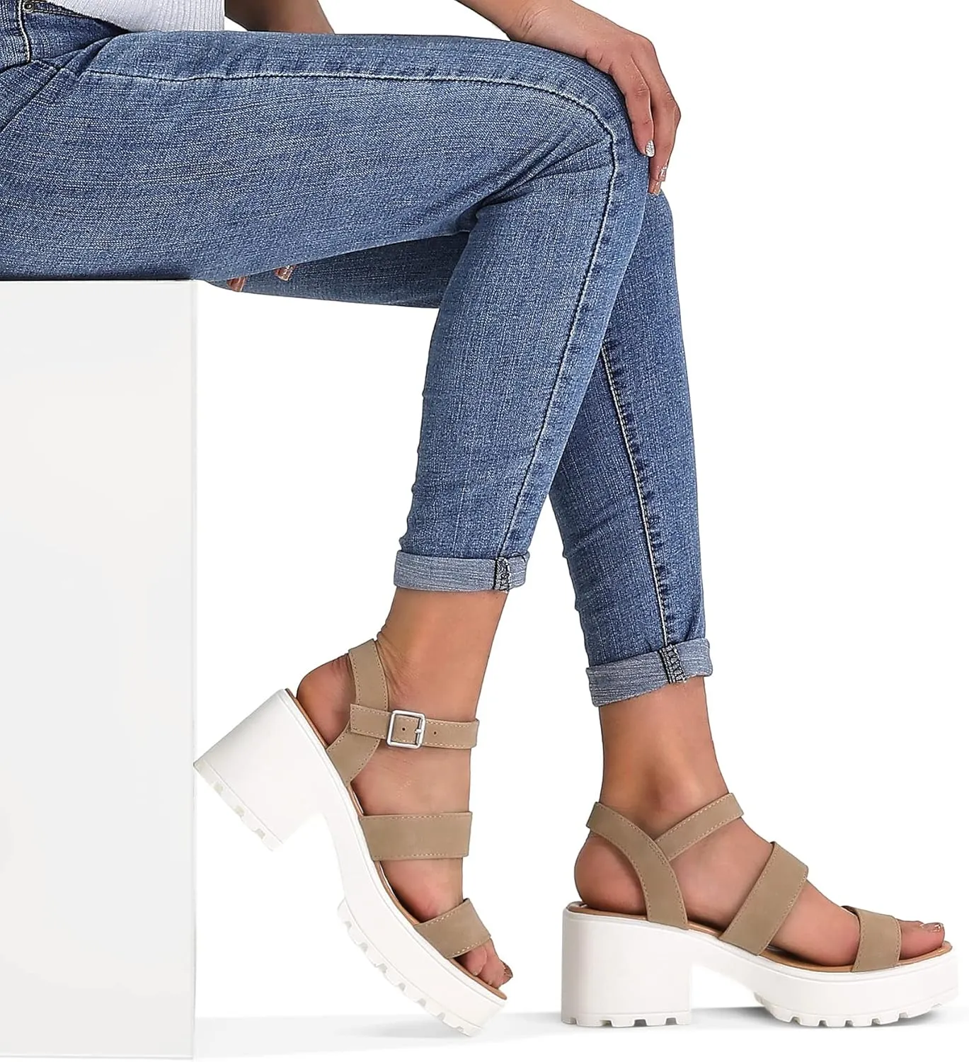 mysoft Women's Platform Sandals Ankle Strap Open Toe Lug Sole 3 Inch Chunky Block Heeled Sandals