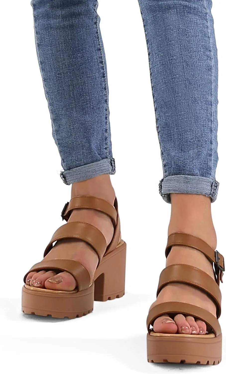 mysoft Women's Platform Sandals Ankle Strap Open Toe Lug Sole 3 Inch Chunky Block Heeled Sandals