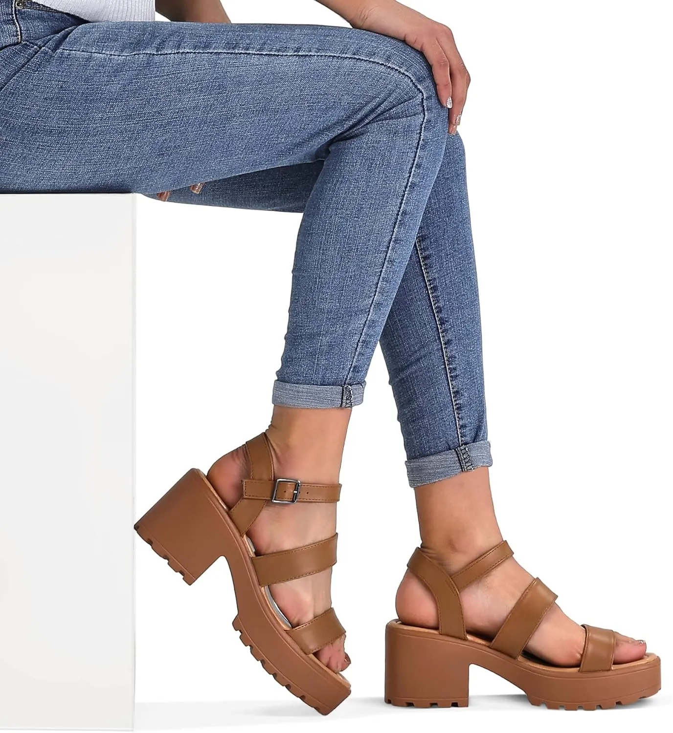 mysoft Women's Platform Sandals Ankle Strap Open Toe Lug Sole 3 Inch Chunky Block Heeled Sandals