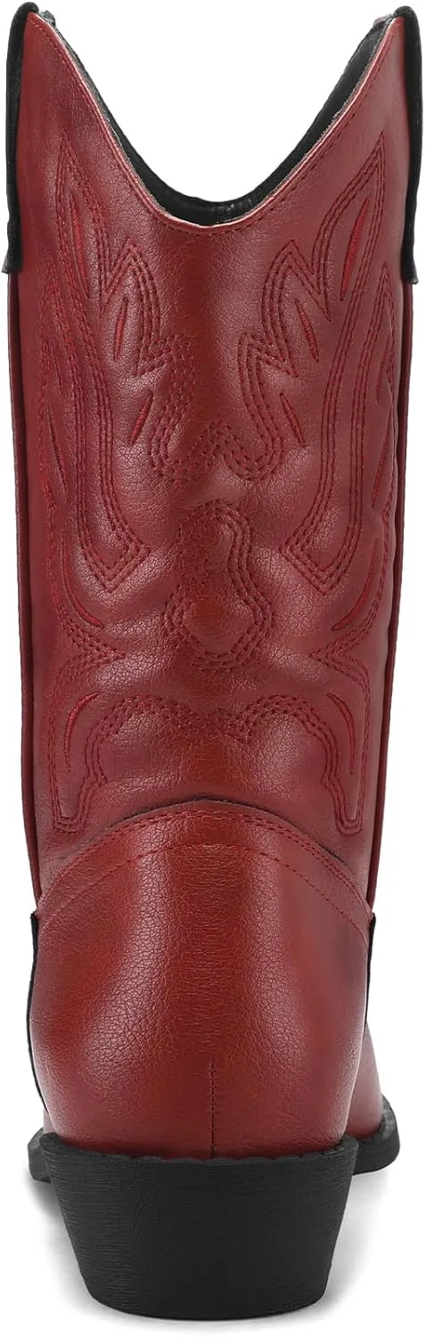 mysoft Women's Wide Calf Cowboy Boots Pull-On Mid-Calf Embroidered Pointed Toe Retro Western Boots
