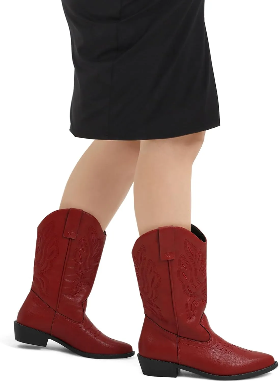 mysoft Women's Wide Calf Cowboy Boots Pull-On Mid-Calf Embroidered Pointed Toe Retro Western Boots