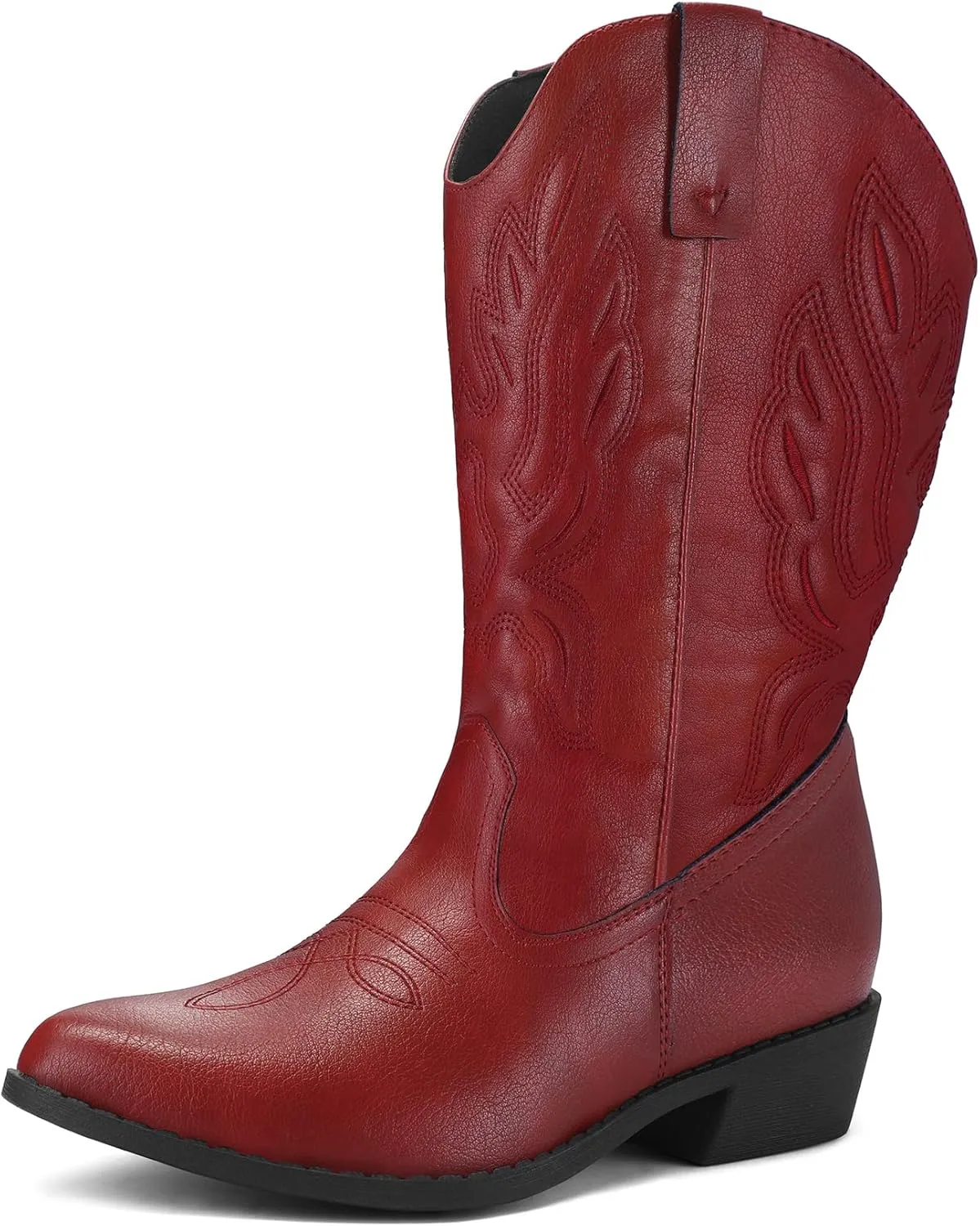 mysoft Women's Wide Calf Cowboy Boots Pull-On Mid-Calf Embroidered Pointed Toe Retro Western Boots