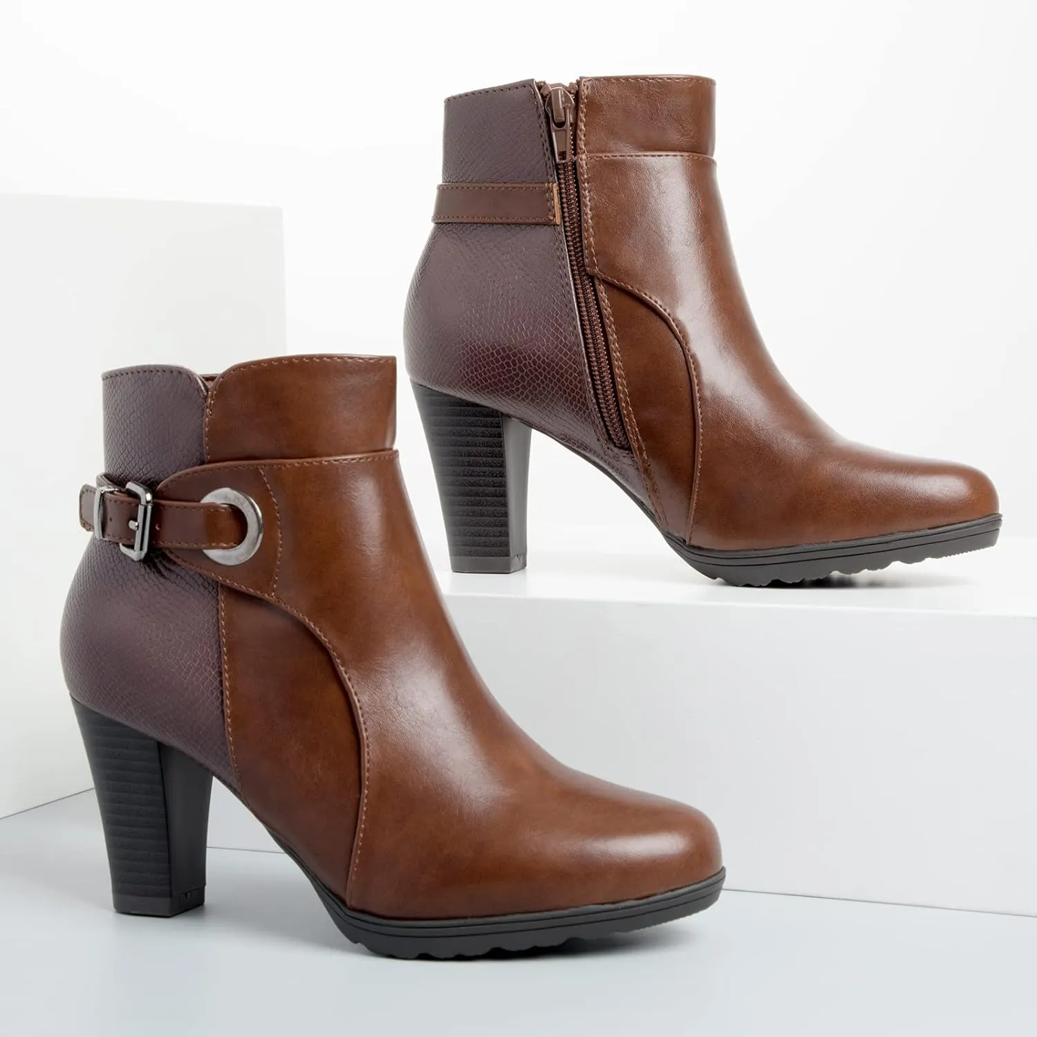 mysoft Women's Zipper Booties Chunky Stacked Heel Ankle Boots Buckle Strap Ankle