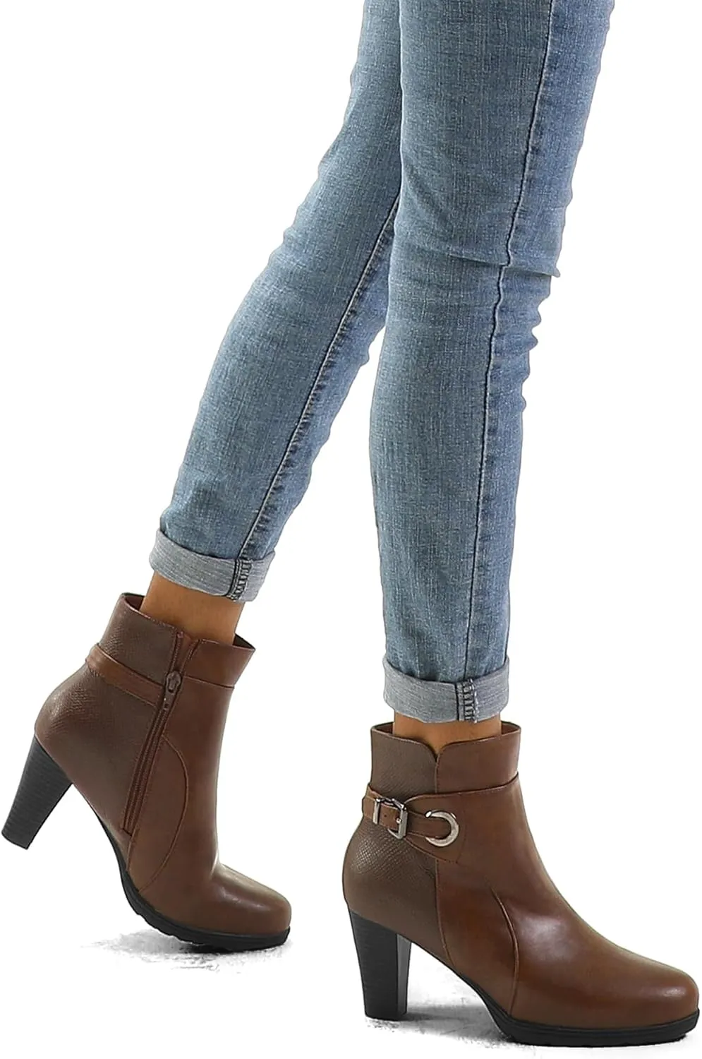 mysoft Women's Zipper Booties Chunky Stacked Heel Ankle Boots Buckle Strap Ankle