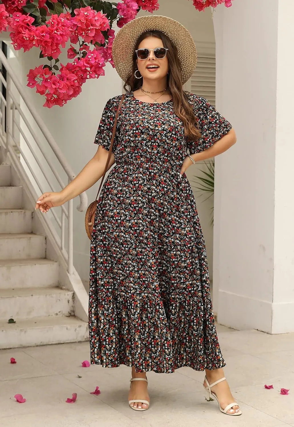 Nemidor Plus Size Maxi Dresses for Curvy Women Summer Casual Boho Ditsy Floral Print Layered Flared Long Dress with Pocket