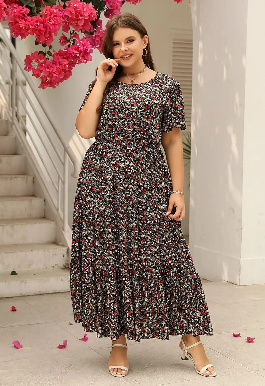 Nemidor Plus Size Maxi Dresses for Curvy Women Summer Casual Boho Ditsy Floral Print Layered Flared Long Dress with Pocket